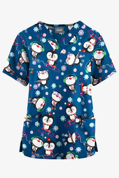 Jólastakkur blár með mörgæsum og snjókornum