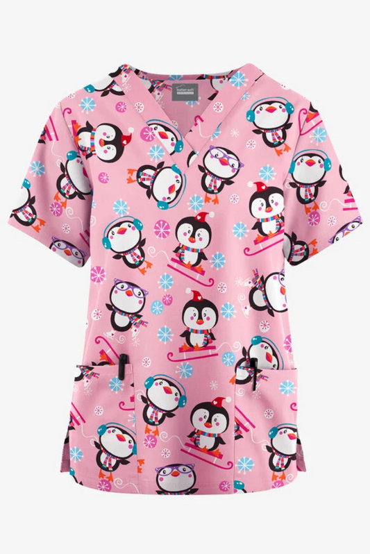 Jólastakkur bleikur með mörgæsum og snjókornum