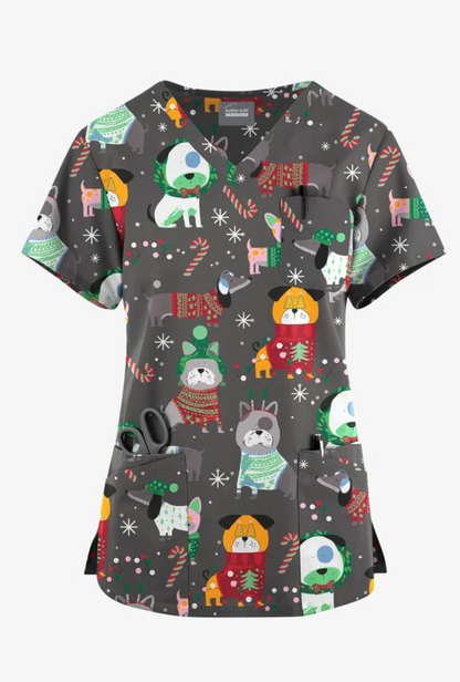 Jólastakkur grár með hundum í jólapeysum